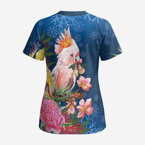 Australia Christmas Pink Cockatoo with Banksia Scrub Top Snowy Blue - Aussie Hoodie