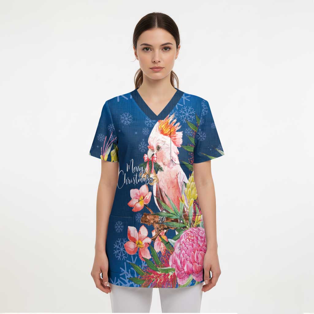 Australia Christmas Pink Cockatoo with Banksia Scrub Top Snowy Blue - Aussie Hoodie