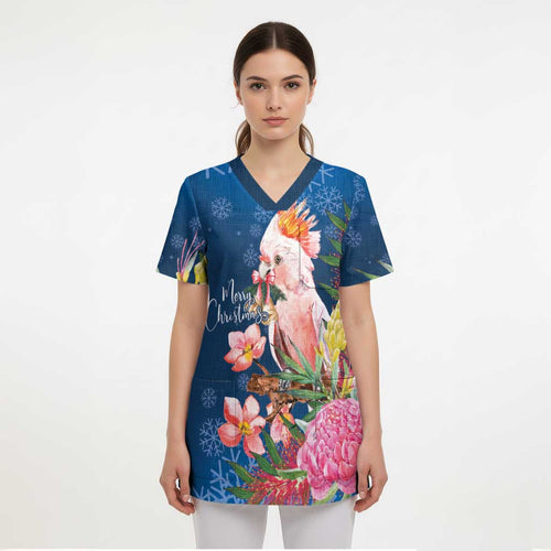 Australia Christmas Pink Cockatoo with Banksia Scrub Top Snowy Blue - Aussie Hoodie