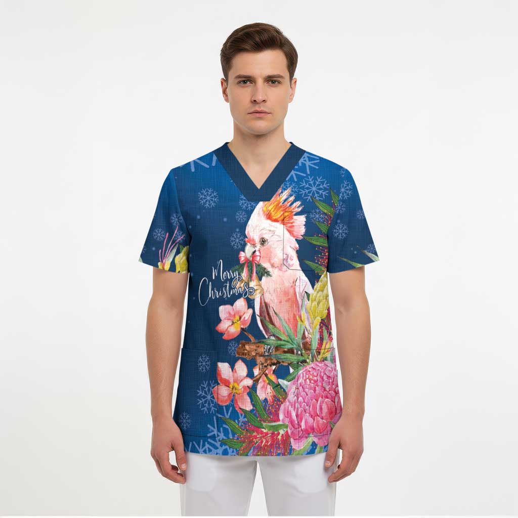 Australia Christmas Pink Cockatoo with Banksia Scrub Top Snowy Blue - Aussie Hoodie