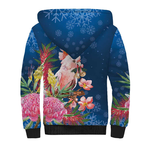 Australia Christmas Pink Cockatoo with Banksia Sherpa Hoodie Snowy Blue - Aussie Hoodie