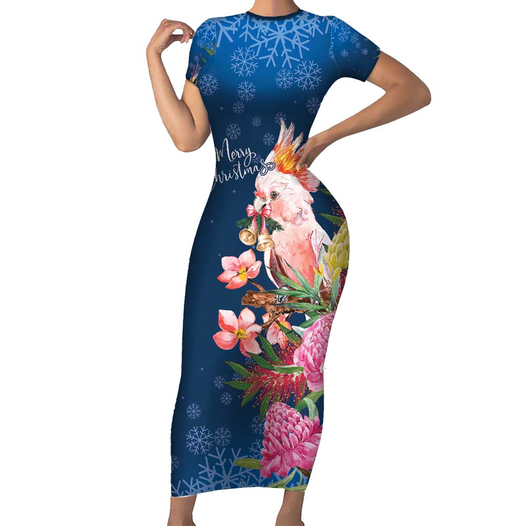Australia Christmas Pink Cockatoo with Banksia Short Sleeve Bodycon Dress Snowy Blue - Aussie Hoodie