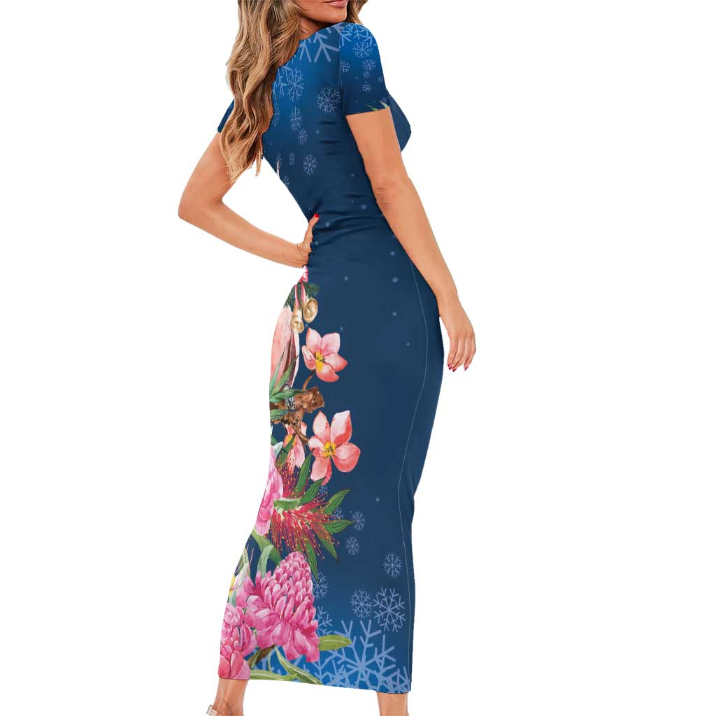 Australia Christmas Pink Cockatoo with Banksia Short Sleeve Bodycon Dress Snowy Blue - Aussie Hoodie