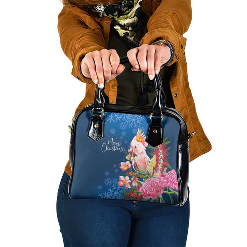 Australia Christmas Pink Cockatoo with Banksia Shoulder Handbag Snowy Blue - Aussie Hoodie