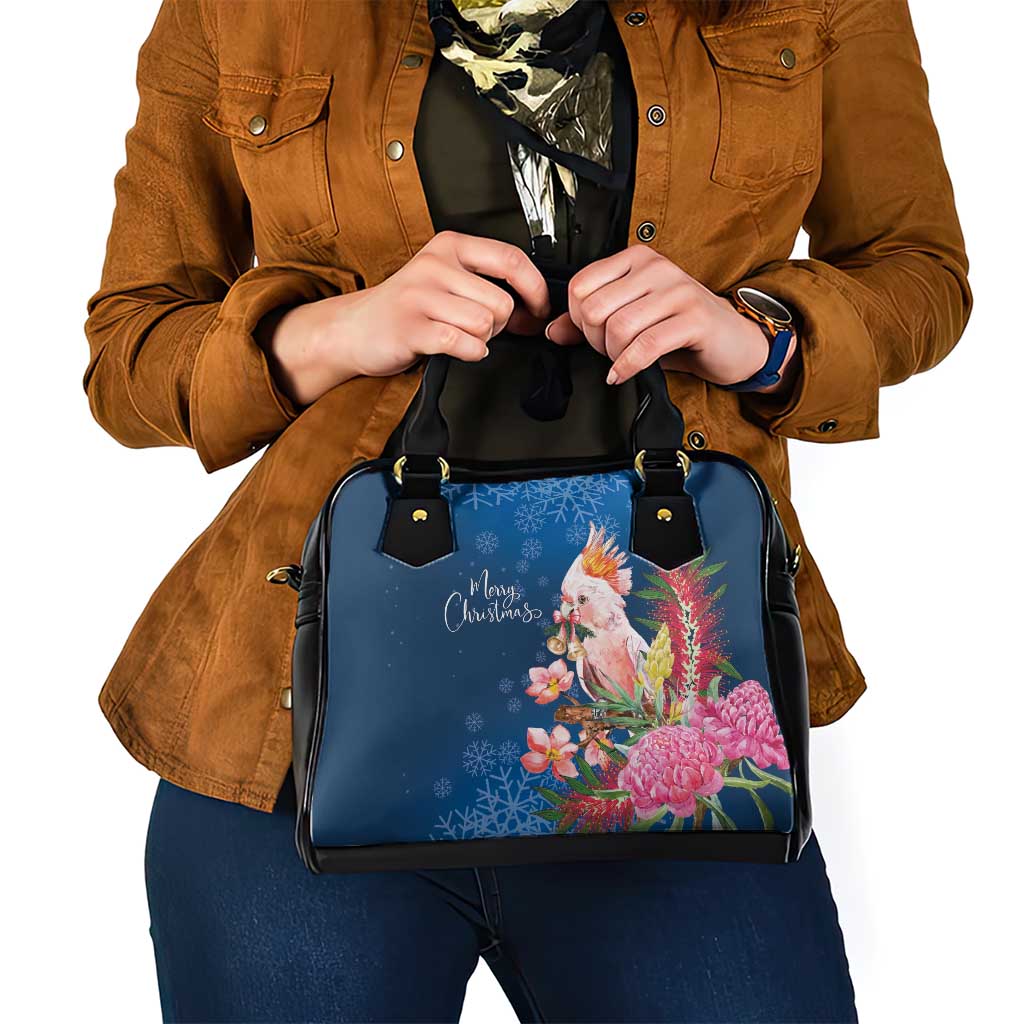 Australia Christmas Pink Cockatoo with Banksia Shoulder Handbag Snowy Blue - Aussie Hoodie