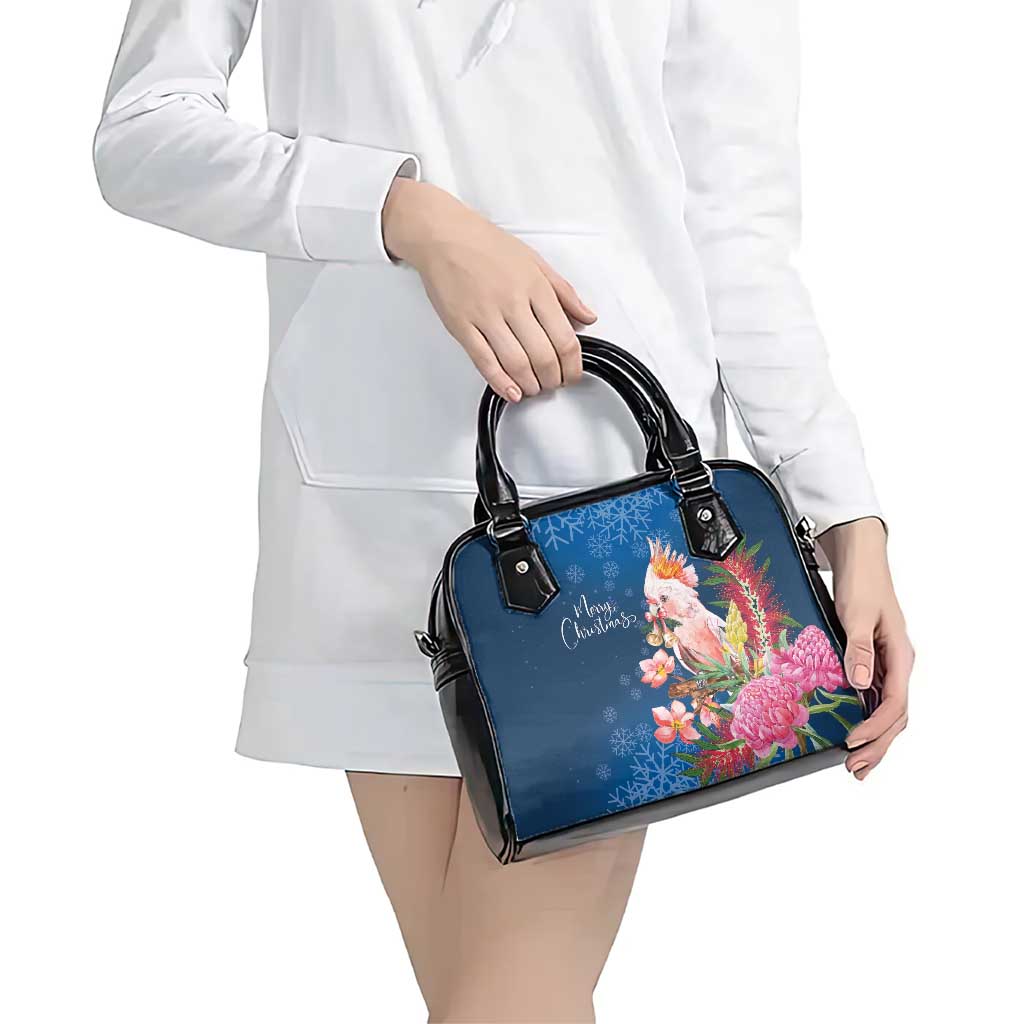 Australia Christmas Pink Cockatoo with Banksia Shoulder Handbag Snowy Blue - Aussie Hoodie