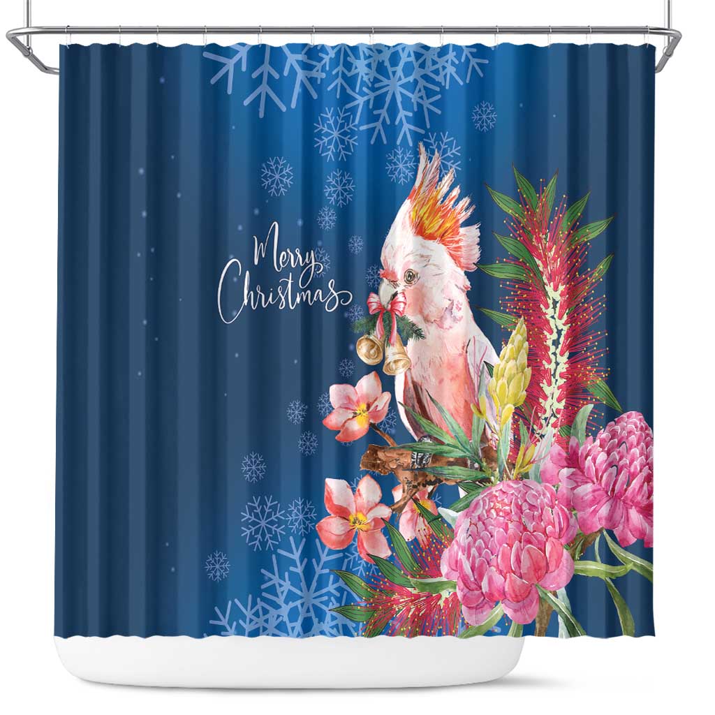 Australia Christmas Pink Cockatoo with Banksia Shower Curtain Snowy Blue - Aussie Hoodie