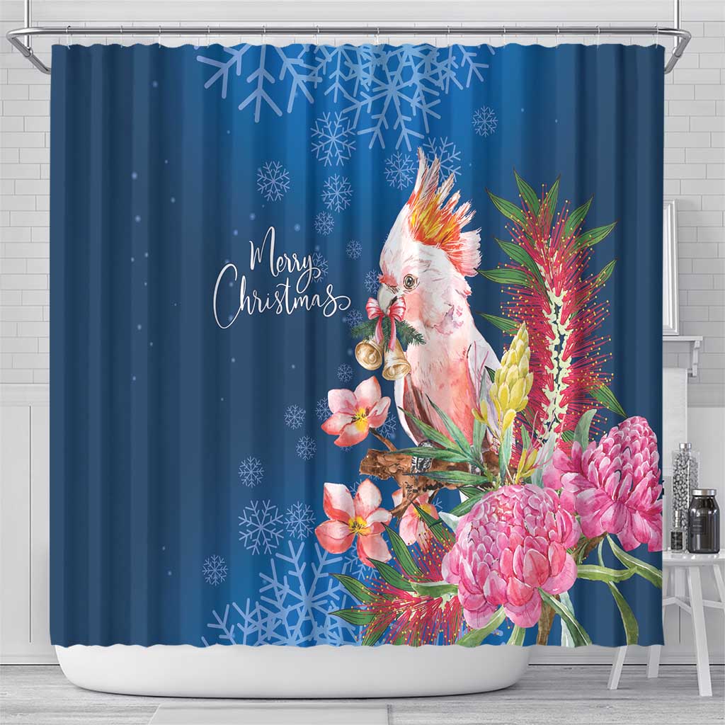 Australia Christmas Pink Cockatoo with Banksia Shower Curtain Snowy Blue - Aussie Hoodie