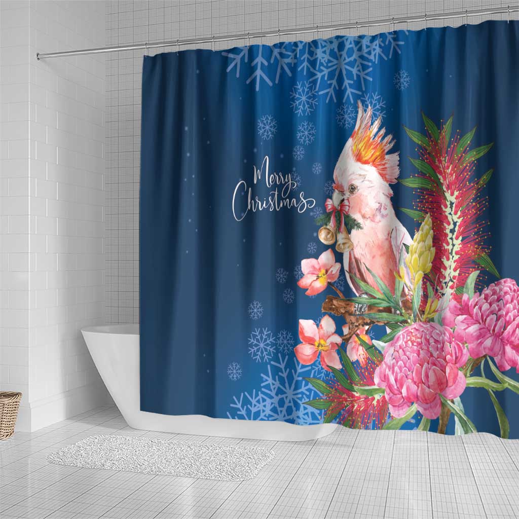 Australia Christmas Pink Cockatoo with Banksia Shower Curtain Snowy Blue - Aussie Hoodie