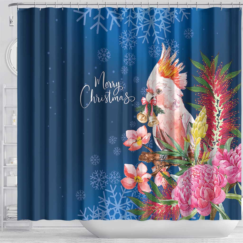 Australia Christmas Pink Cockatoo with Banksia Shower Curtain Snowy Blue - Aussie Hoodie
