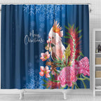 Australia Christmas Pink Cockatoo with Banksia Shower Curtain Snowy Blue - Aussie Hoodie