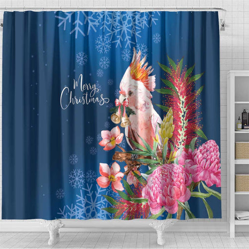 Australia Christmas Pink Cockatoo with Banksia Shower Curtain Snowy Blue - Aussie Hoodie