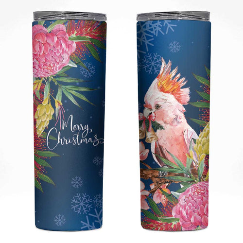 Australia Christmas Pink Cockatoo with Banksia Skinny Tumbler Snowy Blue - Aussie Hoodie