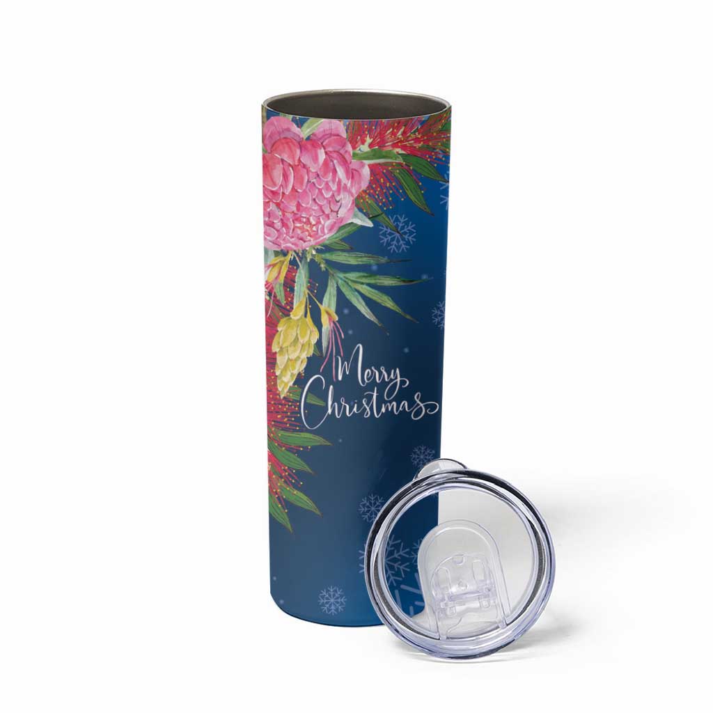 Australia Christmas Pink Cockatoo with Banksia Skinny Tumbler Snowy Blue - Aussie Hoodie