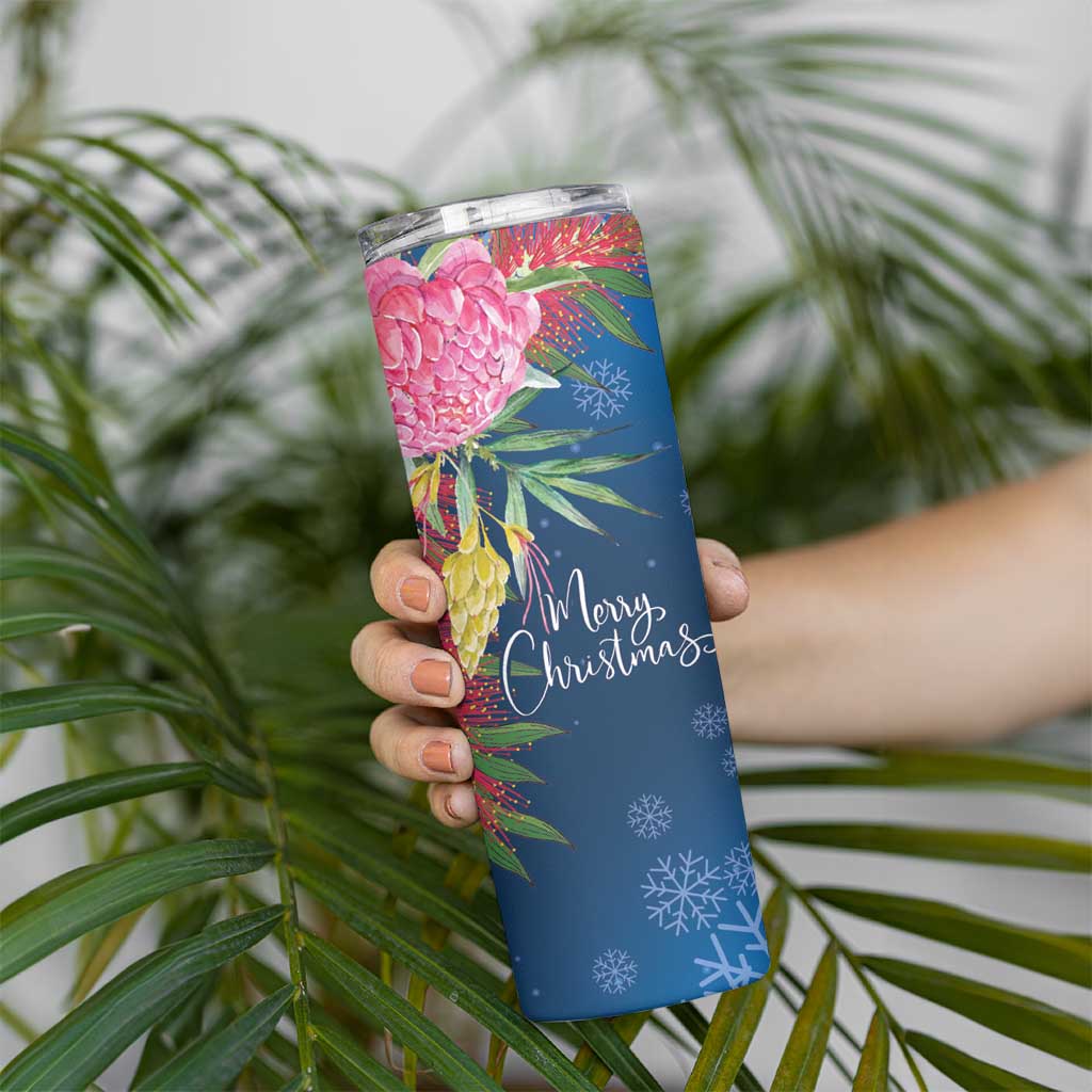 Australia Christmas Pink Cockatoo with Banksia Skinny Tumbler Snowy Blue - Aussie Hoodie