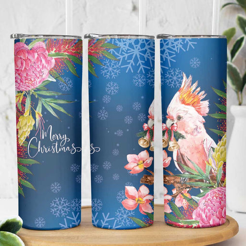 Australia Christmas Pink Cockatoo with Banksia Skinny Tumbler Snowy Blue - Aussie Hoodie