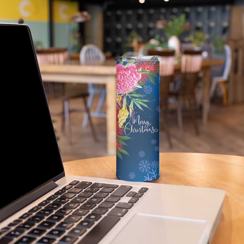 Australia Christmas Pink Cockatoo with Banksia Skinny Tumbler Snowy Blue - Aussie Hoodie