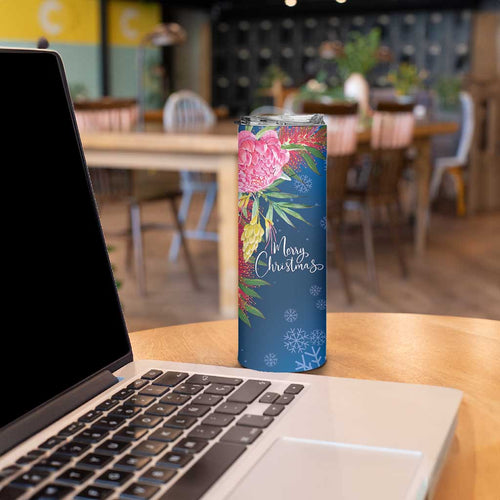 Australia Christmas Pink Cockatoo with Banksia Skinny Tumbler Snowy Blue - Aussie Hoodie