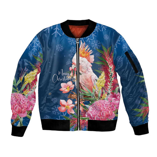 Australia Christmas Pink Cockatoo with Banksia Sleeve Zip Bomber Jacket Snowy Blue - Aussie Hoodie