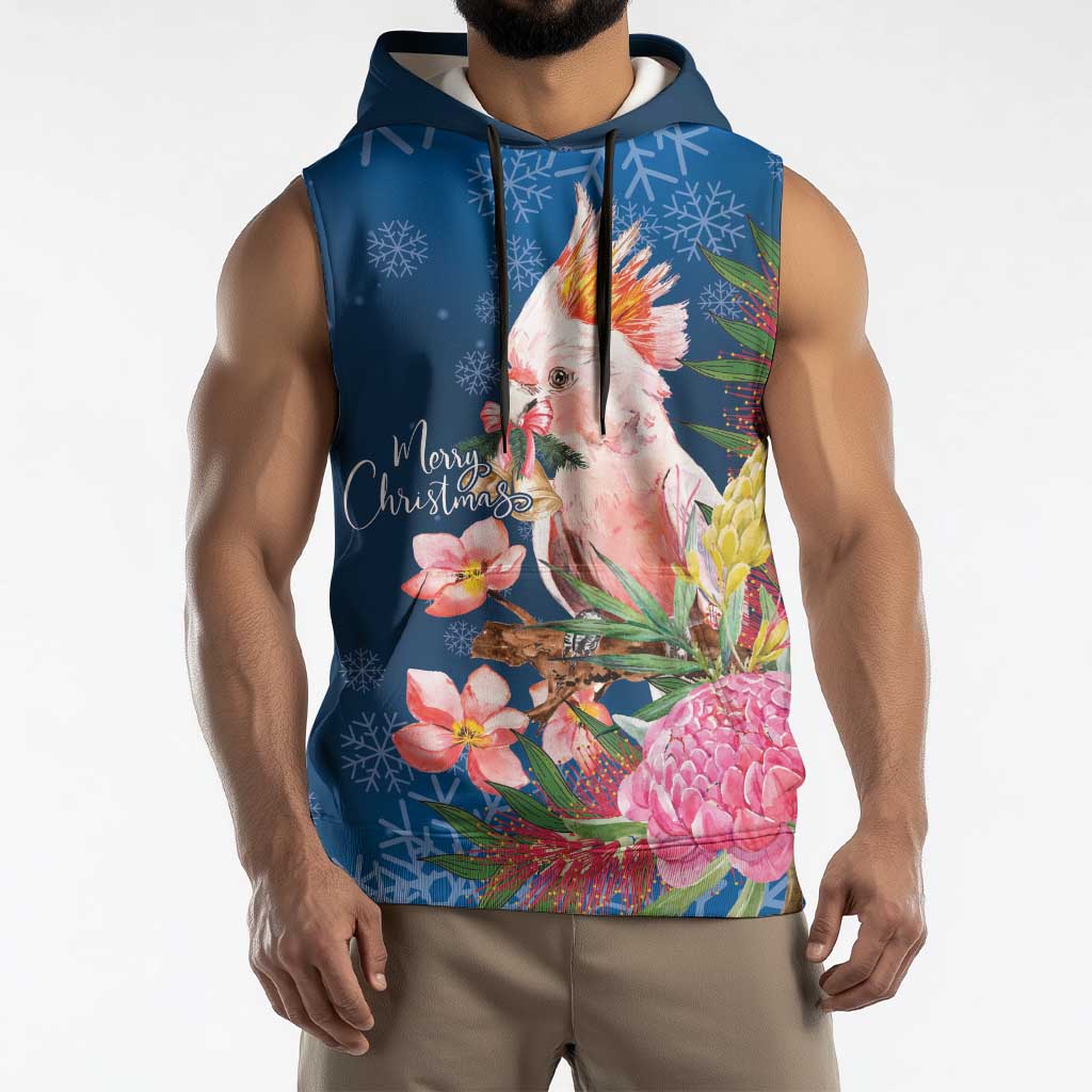 Australia Christmas Pink Cockatoo with Banksia Sleeveless Hoodie Snowy Blue - Aussie Hoodie