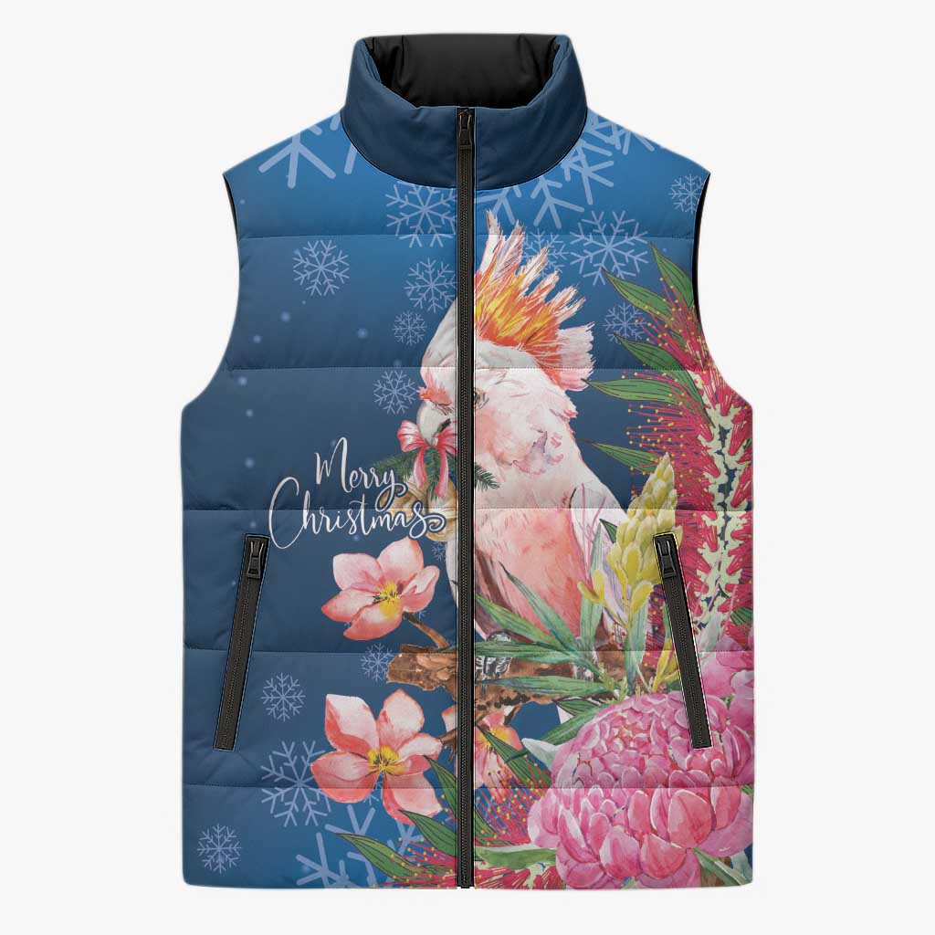 Australia Christmas Pink Cockatoo with Banksia Sleeveless Puffer Jacket Snowy Blue - Aussie Hoodie