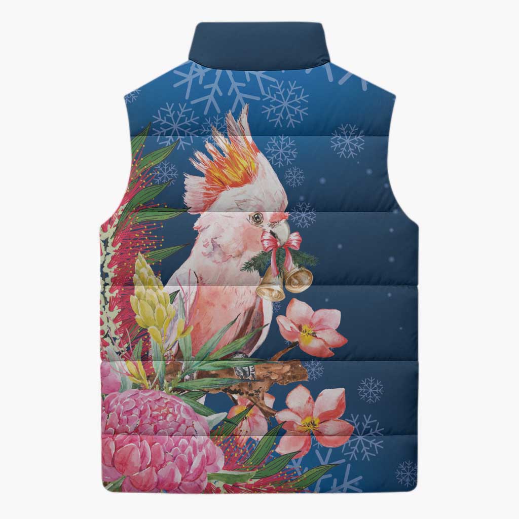 Australia Christmas Pink Cockatoo with Banksia Sleeveless Puffer Jacket Snowy Blue - Aussie Hoodie