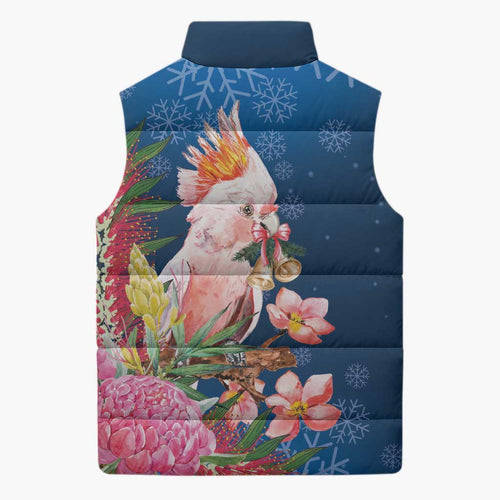 Australia Christmas Pink Cockatoo with Banksia Sleeveless Puffer Jacket Snowy Blue - Aussie Hoodie