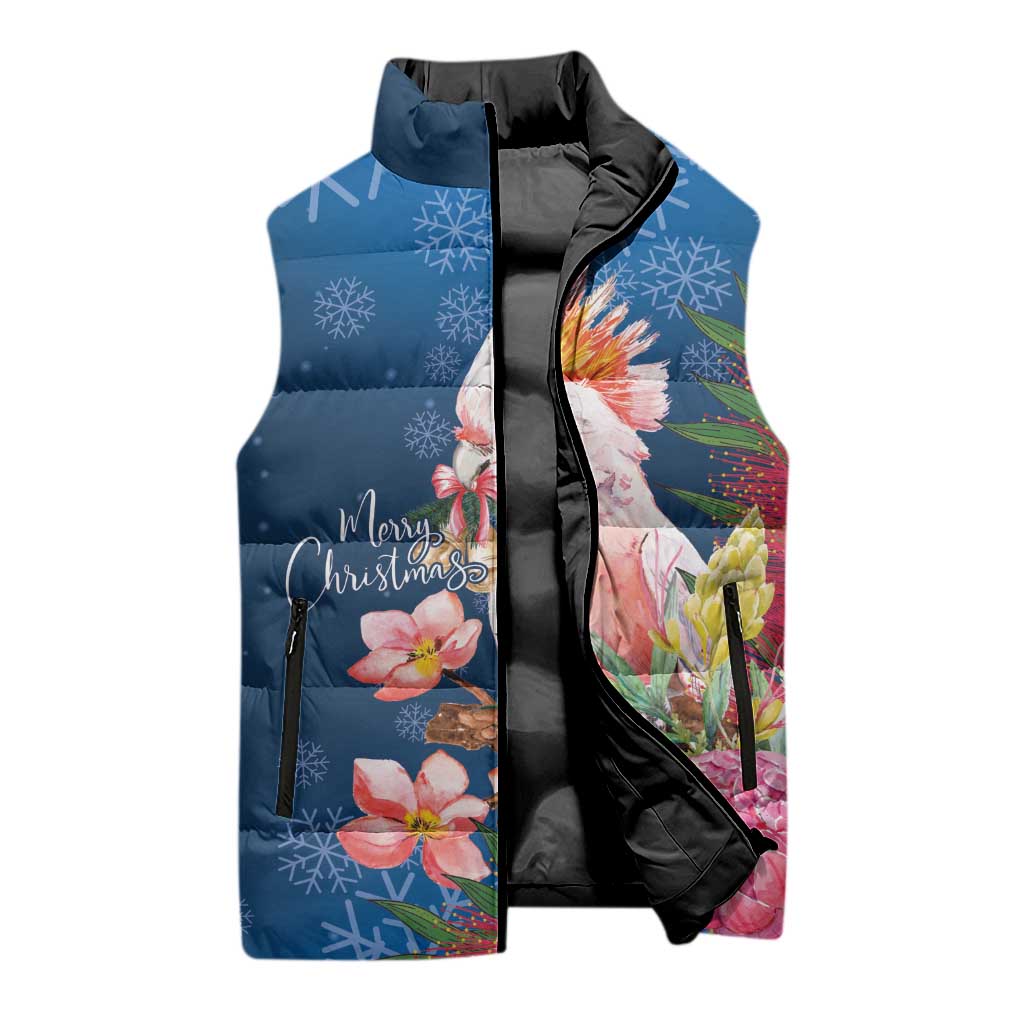 Australia Christmas Pink Cockatoo with Banksia Sleeveless Puffer Jacket Snowy Blue - Aussie Hoodie