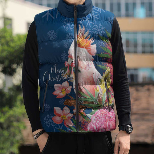 Australia Christmas Pink Cockatoo with Banksia Sleeveless Puffer Jacket Snowy Blue - Aussie Hoodie