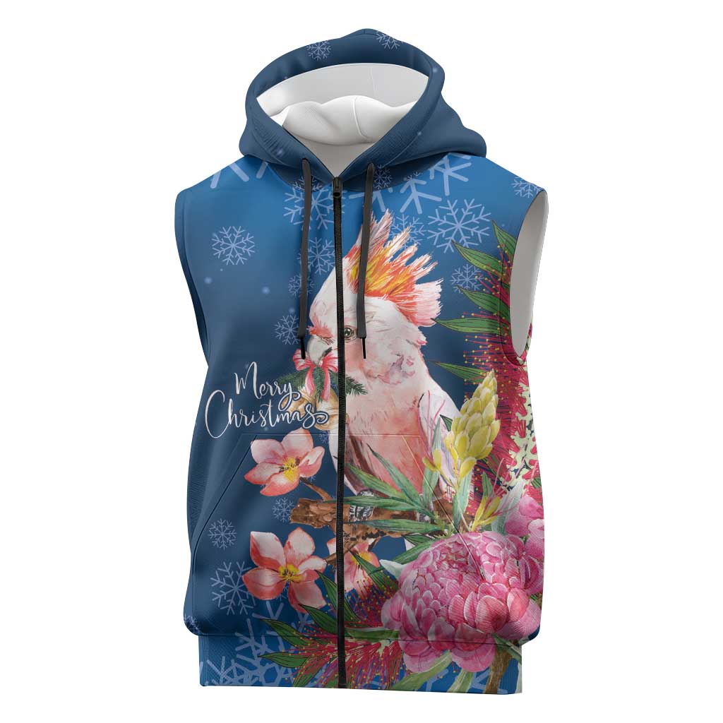 Australia Christmas Pink Cockatoo with Banksia Sleeveless Zip Hoodie Snowy Blue LT7