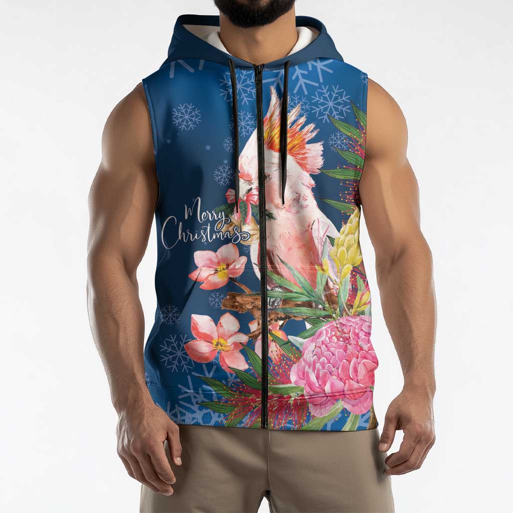 Australia Christmas Pink Cockatoo with Banksia Sleeveless Zip Hoodie Snowy Blue LT7