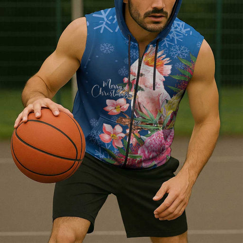 Australia Christmas Pink Cockatoo with Banksia Sleeveless Zip Hoodie Snowy Blue LT7