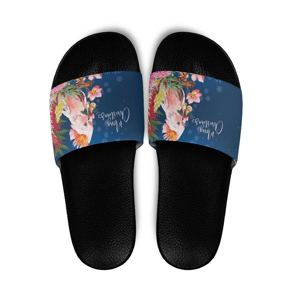 Australia Christmas Pink Cockatoo with Banksia Slide Sandals Snowy Blue - Aussie Hoodie