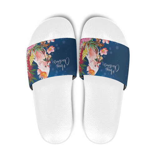 Australia Christmas Pink Cockatoo with Banksia Slide Sandals Snowy Blue - Aussie Hoodie