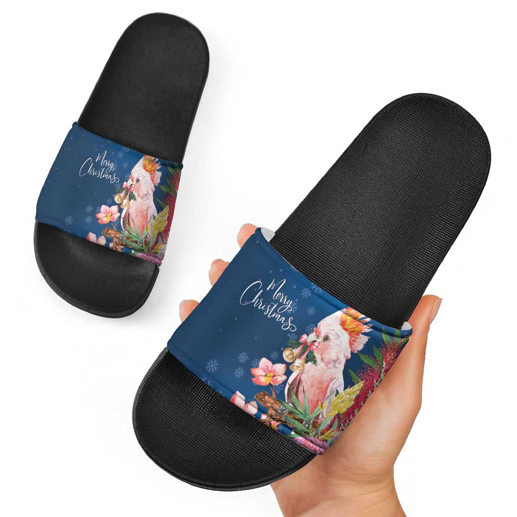 Australia Christmas Pink Cockatoo with Banksia Slide Sandals Snowy Blue - Aussie Hoodie