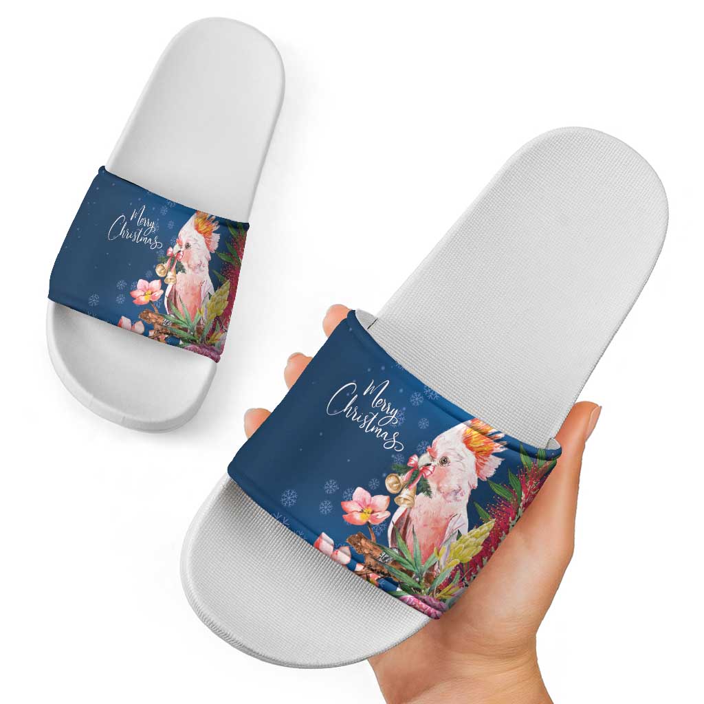 Australia Christmas Pink Cockatoo with Banksia Slide Sandals Snowy Blue - Aussie Hoodie