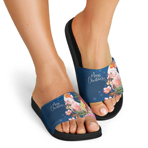 Australia Christmas Pink Cockatoo with Banksia Slide Sandals Snowy Blue - Aussie Hoodie