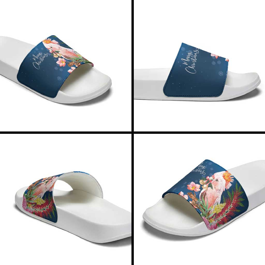 Australia Christmas Pink Cockatoo with Banksia Slide Sandals Snowy Blue - Aussie Hoodie