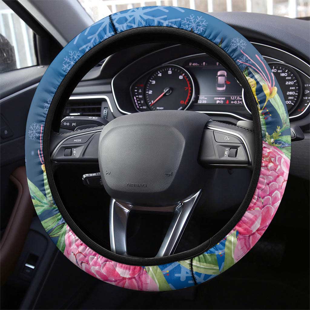 Australia Christmas Pink Cockatoo with Banksia Steering Wheel Cover Snowy Blue - Aussie Hoodie
