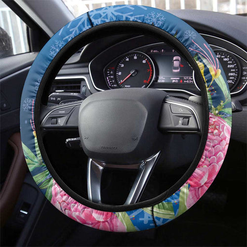 Australia Christmas Pink Cockatoo with Banksia Steering Wheel Cover Snowy Blue - Aussie Hoodie