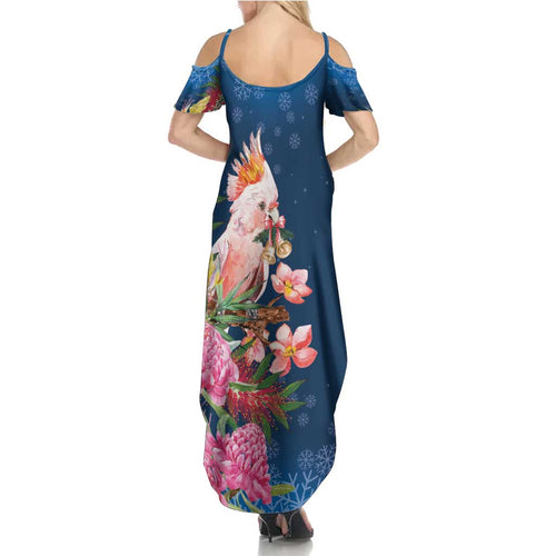 Australia Christmas Pink Cockatoo with Banksia Summer Maxi Dress Snowy Blue - Aussie Hoodie