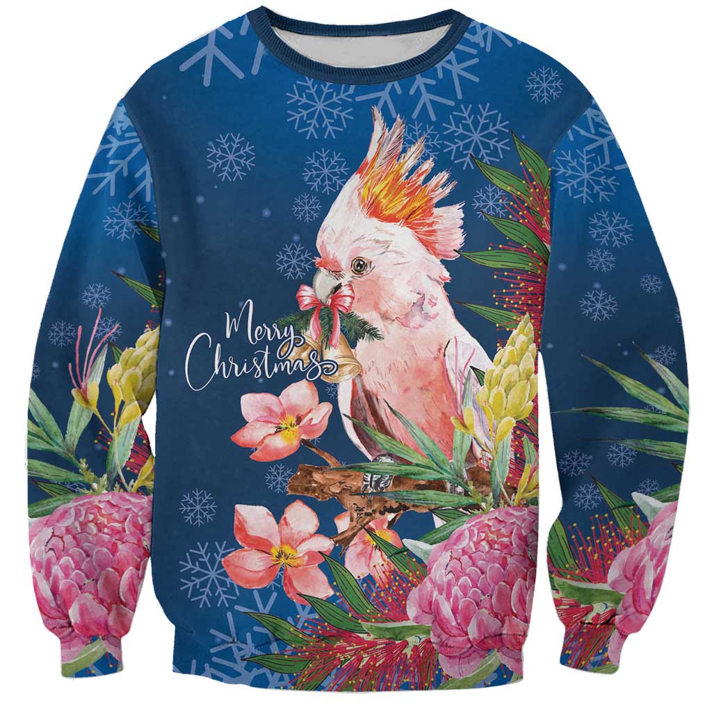 Australia Christmas Pink Cockatoo with Banksia Sweatshirt Snowy Blue - Aussie Hoodie