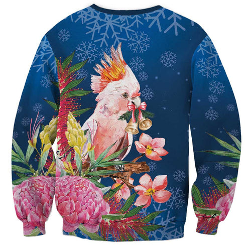Australia Christmas Pink Cockatoo with Banksia Sweatshirt Snowy Blue - Aussie Hoodie