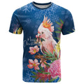 Australia Christmas Pink Cockatoo with Banksia T Shirt Snowy Blue - Aussie Hoodie