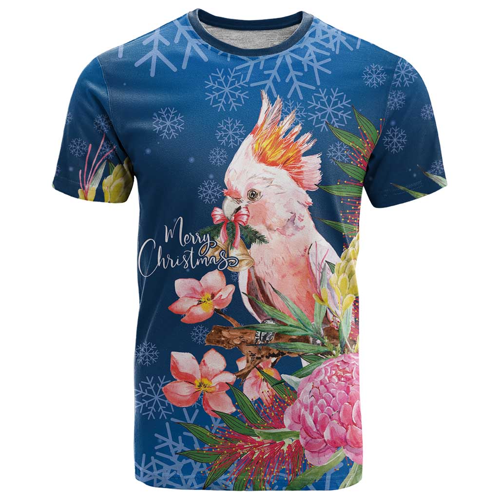 Australia Christmas Pink Cockatoo with Banksia T Shirt Snowy Blue - Aussie Hoodie