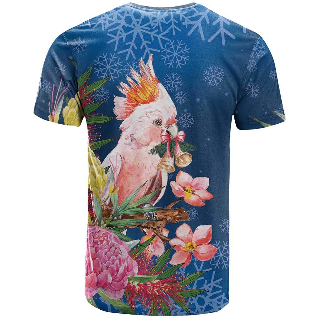 Australia Christmas Pink Cockatoo with Banksia T Shirt Snowy Blue - Aussie Hoodie