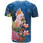 Australia Christmas Pink Cockatoo with Banksia T Shirt Snowy Blue - Aussie Hoodie