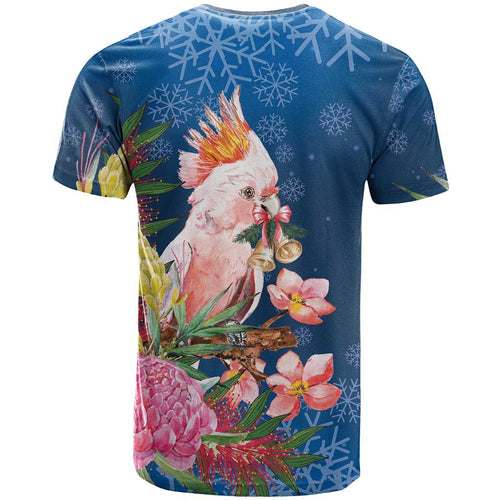 Australia Christmas Pink Cockatoo with Banksia T Shirt Snowy Blue - Aussie Hoodie