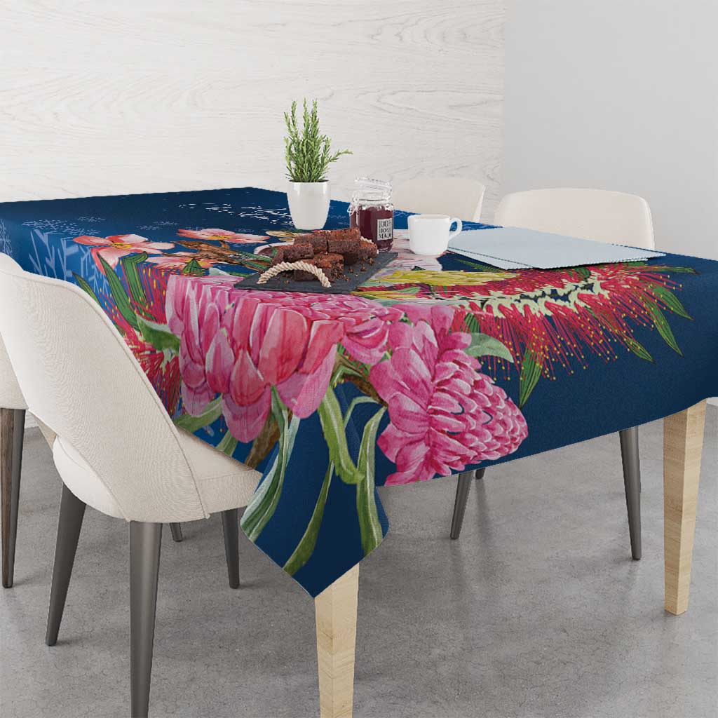 Australia Christmas Pink Cockatoo with Banksia Tablecloth Snowy Blue - Aussie Hoodie