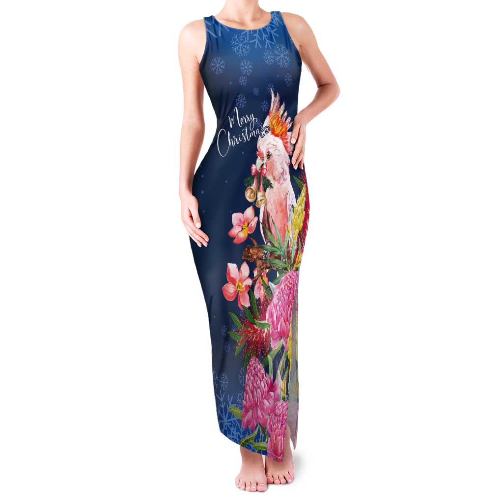 Australia Christmas Pink Cockatoo with Banksia Tank Maxi Dress Snowy Blue - Aussie Hoodie